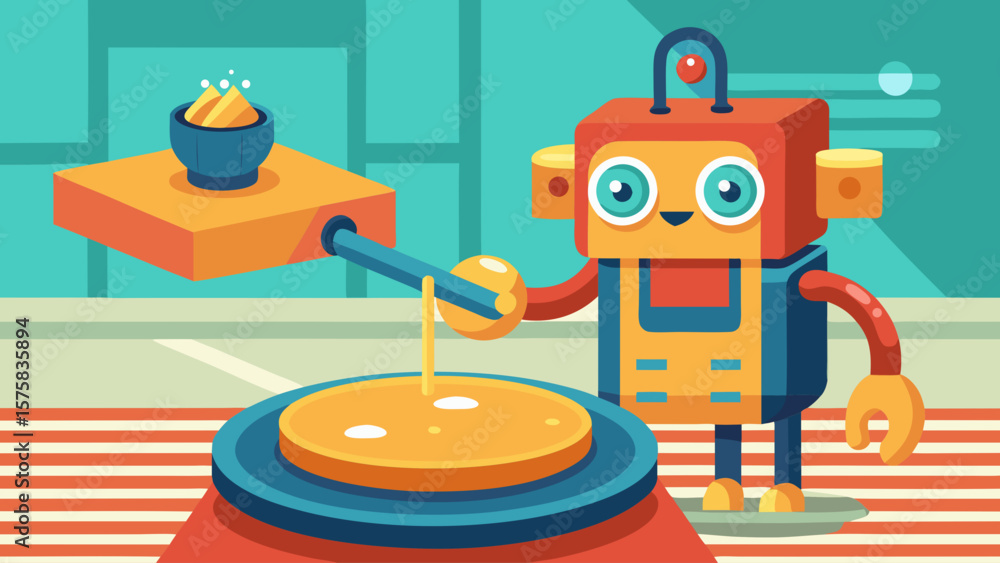 Aufkleber a robot is making pancakes and holding a spatula. the robot is smiling and he is happy