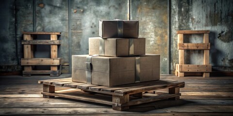 A Stack of Securely Wrapped Packages Rests on a Rustic Wooden Pallet in a Warehouse Setting