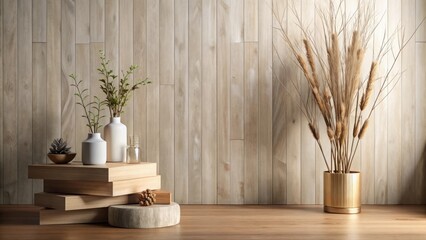 Serene Minimalist Interior Design Featuring Stacked Wooden Platforms, Earthy Tones, and Dried Floral Arrangements