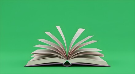 Open Book with Fanning Pages on Solid Green Background