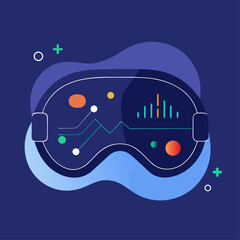 A blue and green graphic of a pair of virtual reality goggles. The goggles are surrounded by a blue background with a few green circles. The graphic is meant to represent the idea of virtual reality