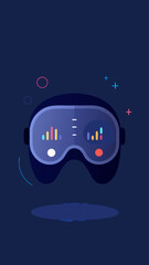 A blue and green graphic of a pair of virtual reality goggles. The goggles are surrounded by a blue background with a few green circles. The graphic is meant to represent the idea of virtual reality