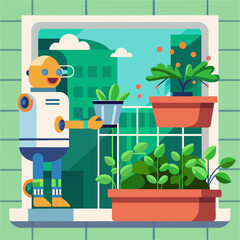 A robot is holding a plant in a pot. The robot is standing in front of a window with a view of a city