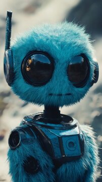 Small, furry, blue robot with large eyes and an antenna explores an alien planet, embodying futuristic companionship and artificial intelligence