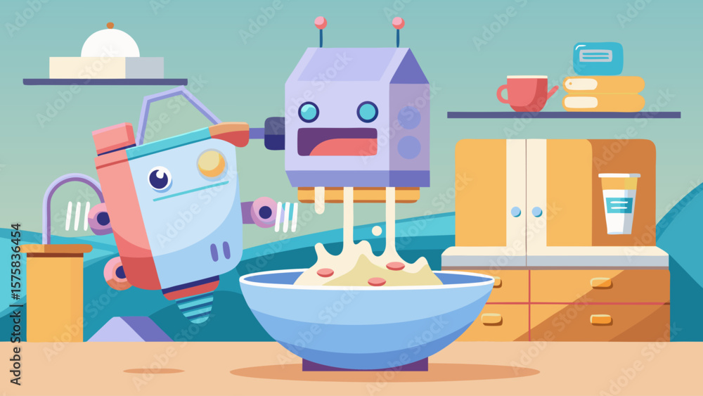 Poster a cartoon robot is making a bowl of food. the robot is in the middle of the bowl and is surrounded b