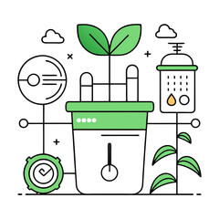 A green trash can with a plant next to it. The trash can is connected to a smart device