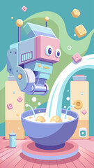 A cartoon robot is making a bowl of food. The robot is in the middle of the bowl and is surrounded by other robots