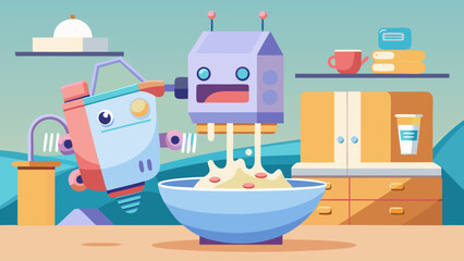 A cartoon robot is making a bowl of food. The robot is in the middle of the bowl and is surrounded by other robots