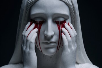 virgin mary statue with bloody tears, hands cover face, sorrow faith concept