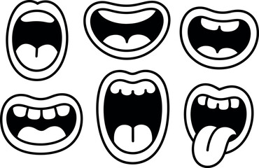 Cartoon Mouths: Six Open-Mouth Expressions, Black and White, Vector Illustration
