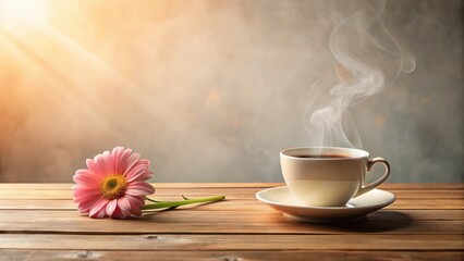 Aromatic coffee steaming gently beside a delicate pink flower on a rustic wooden table, bathed in warm sunlight