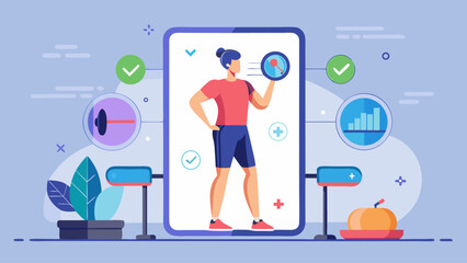 A woman is holding a weight in her right hand and a check mark is on the screen. The image is about fitness and exercise