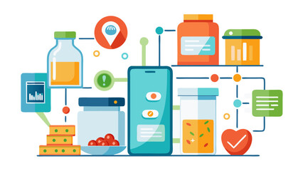 A colorful image of a grocery store with a bottle of water in the middle. The bottle is labeled with a check mark, indicating that it is a healthy choice. The image also includes a cell phone