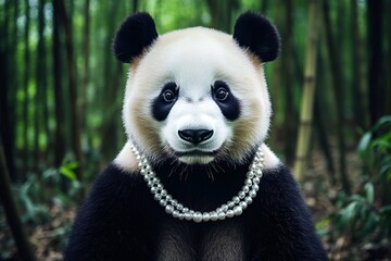 Fototapeta premium Charming panda bear wearing a pearl necklace in a lush bamboo forest, creating a whimsical and elegant scene
