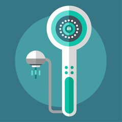 A futuristic looking shower head with a green and white design. The shower head is connected to a hose and has a small round button on the side