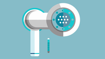 A futuristic looking shower head with a green and white design. The shower head is connected to a hose and has a small round button on the side