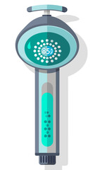A futuristic looking shower head with a green and white design. The shower head is connected to a hose and has a small round button on the side