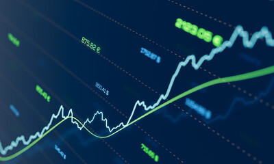Close up rising chart, stock prices moving up, bull market. Stock market data, trading, positive, growth, risk, volatility, investment. 3D illustration
