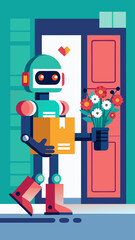 A robot is carrying a box of flowers and walking towards a door. The scene is set in a garden with a potted plant nearby. The robot's presence and the flowers in the box suggest a sense of care
