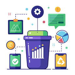 A blue trash can with a green logo on it. The trash can is surrounded by several cell phones and a laptop. The trash can is labeled with a green check mark