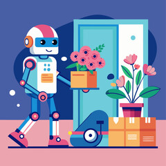 A robot is carrying a box of flowers and walking towards a door. The scene is set in a garden with a potted plant nearby. The robot's presence and the flowers in the box suggest a sense of care