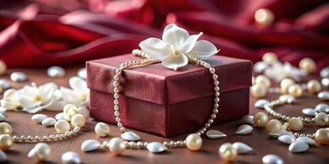 A maroon gift box adorned with a delicate pearl necklace and a pristine white flower, nestled amidst scattered pearls and petals on a rich, dark surface