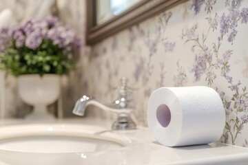 White toilet paper roll placed on the edge of a bathroom sink, ready for use, in a clean and elegant bathroom