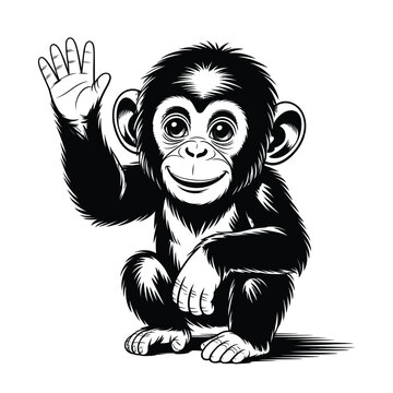 Black and white vector illustration of a cheerful baby chimpanzee waving with expressive eyes and soft fur on a clean white background