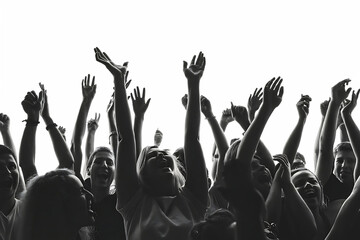 Excited crowd with raised hands at concert isolated on white background.AI GENERATED