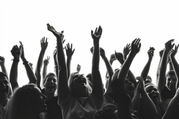 Excited crowd with raised hands at concert isolated on white background.AI GENERATED