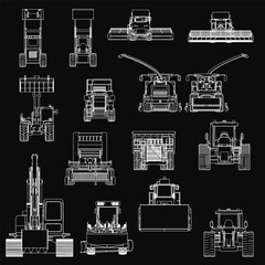 Various industrial tractors and construction vehicles, including an excavator and bulldozer, displayed on a sleek black background. The heavy machinery highlights transport and equipment used.