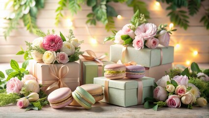 Delightful pastel-colored macarons and elegantly wrapped presents adorned with fresh spring blossoms, creating a festive and celebratory scene.