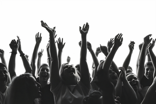 Excited crowd with raised hands at concert isolated on white background.AI GENERATED - Powered by Adobe