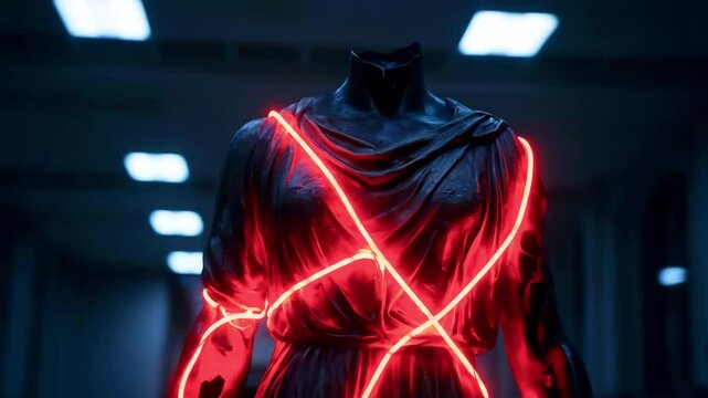 Abstract sculpture of a headless figure wrapped in glowing red light in a dimly lit room
