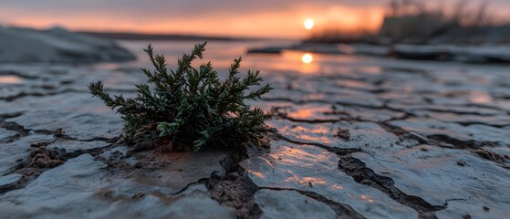 Obraz premium Resilient Plant Life on Cracked Earth at Sunset