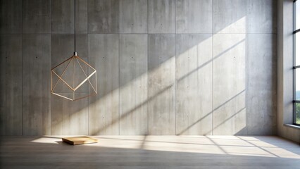 Sunlit Minimalist Interior with Geometric Pendant Light and Wooden Platform