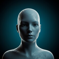 Serene Female Bust: A stylized 3D rendering of a serene female bust, featuring smooth skin and a calm expression, set against a deep teal backdrop. The image evokes feelings of peace, contemplation.