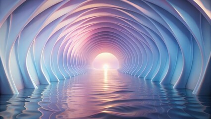 Serene Passageway An Abstract Vision of Tranquil Waters Reflecting a Gentle Sunrise Through a Dreamlike Architectural Tunnel