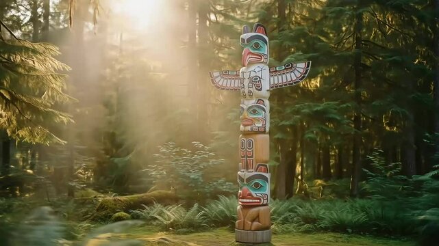 A vibrant totem pole stands majestically amidst sunlit ancient forest trees and mystical light rays