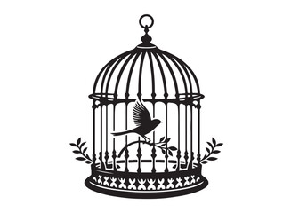 bird in a cage logo design silhouette vectors illustration, bird in a cage silhouette vector logo, silhouette birdcage vector logo, vintage black birdcage logo silhouettes vector on a white background