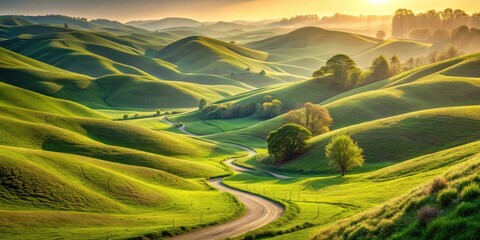 Serene Rolling Hills Landscape with Winding Country Road at Dawn
