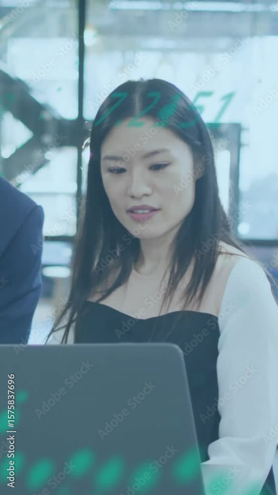 Poster animation of financial data processing over diverse colleagues discussing work in office