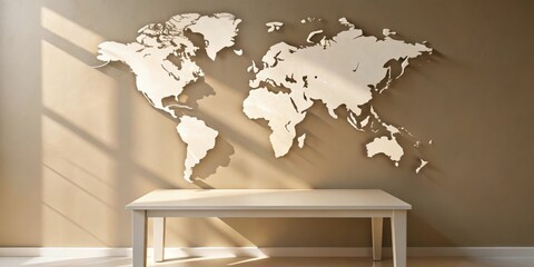 Sunlit Room with World Map Wall Decor and Empty Table Ready for Display
