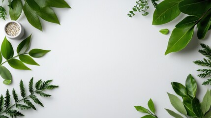 Naklejka premium Bright White Table Decorated with Green Leaves and Bowl of Healthy Seeds