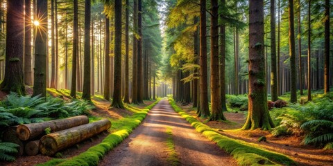 Sunlit Path Through a Verdant Forest with Mossy Tree Trunks and a Soft Golden Light Illuminating the Scene