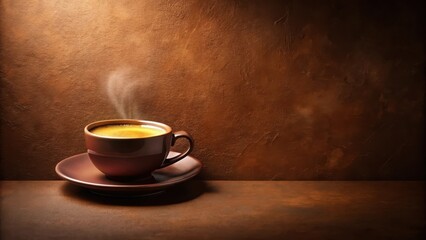 Aromatic Steam Rising from a Brown Coffee Cup on a Dark Brown Surface