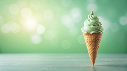 Refreshing Mint Ice Cream Cone on a Wooden Surface with a Green Background