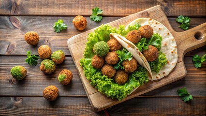 Delicious Fried Falafel Balls Served in Flatbreads with Fresh Greens on Wooden Board