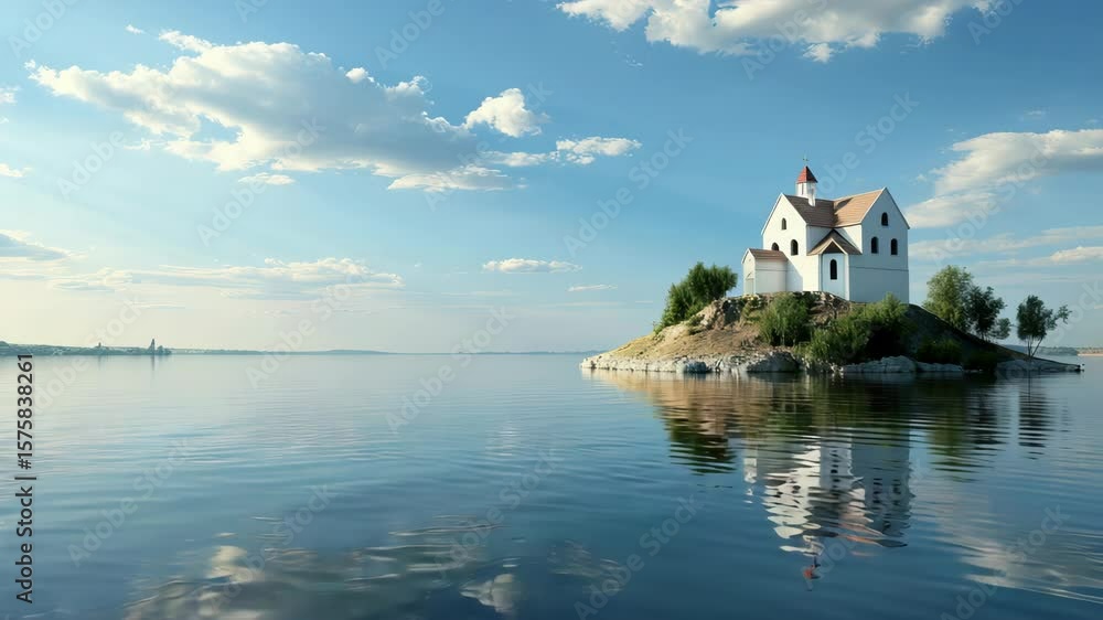 Poster a tranquil island features charming architecture surrounded by calm waters and lush greenery, creati