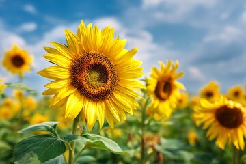 Vibrant Sunflowers in a Field Under a Sunny Sky
